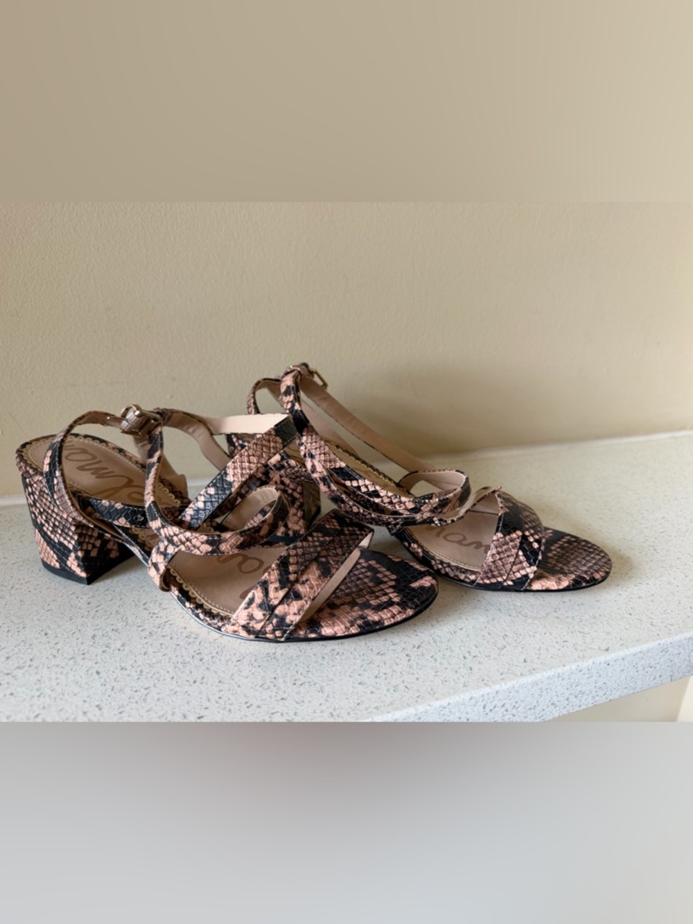 Sam Edelman Pink and Black Snake-Print Block Heel Sandals